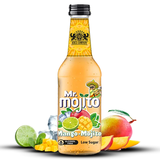 330ml and 275ml bottle of Mr. Mojito Mango, a tropical mango mojito perfect for a sweet and citrusy refreshment.